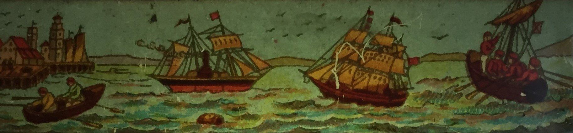 Historic lantern slide-that supports the notion of refugees fleeing on boats, across the sea